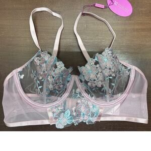 AvidLove NWT Size Medium Pink Blue Sheer Lace Floral Underwire Lingerie Bra